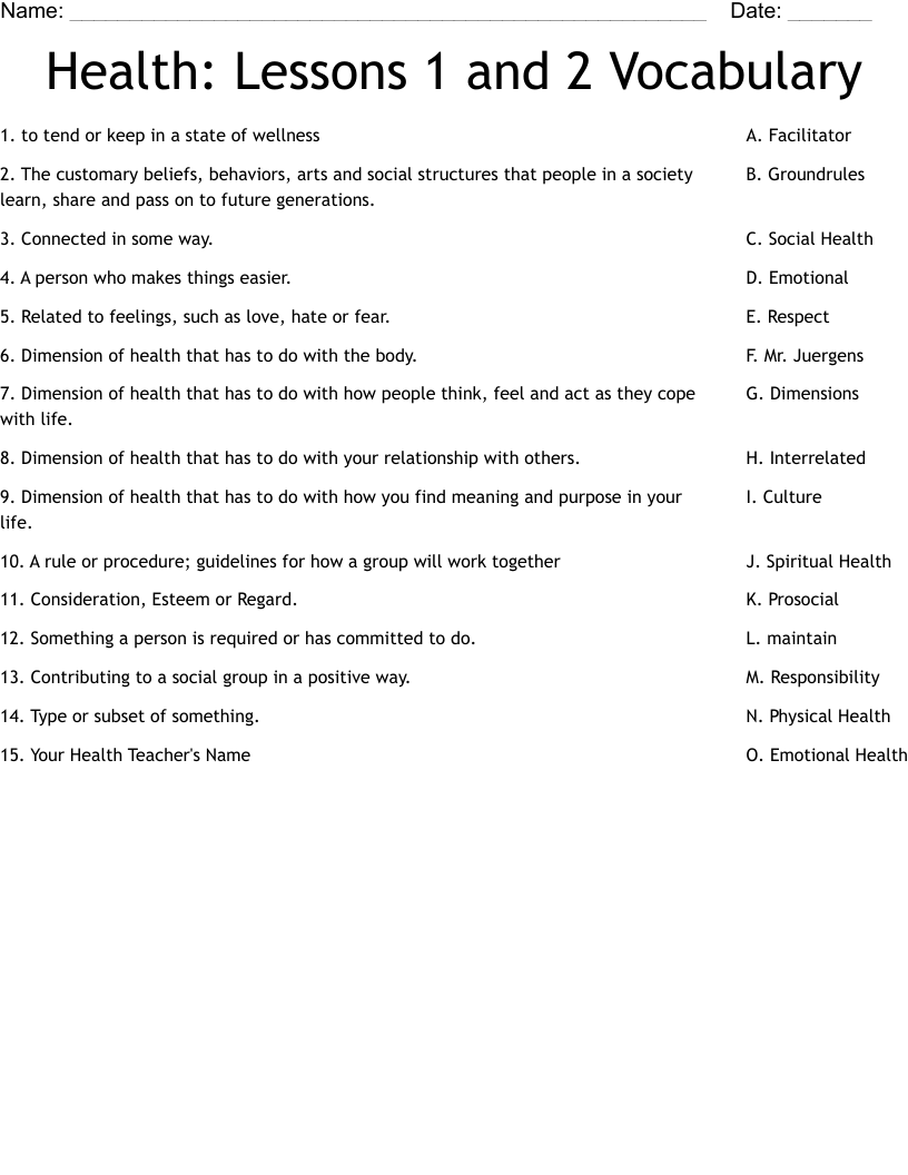 Health: Lessons 1 and 2 Vocabulary Worksheet