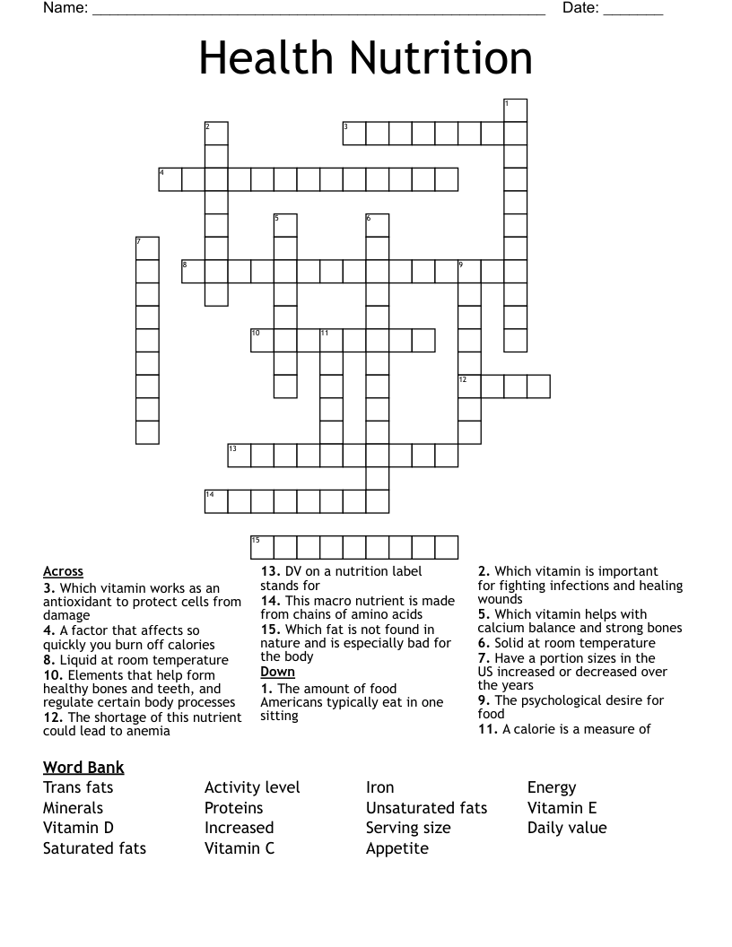 Health Nutrition Crossword