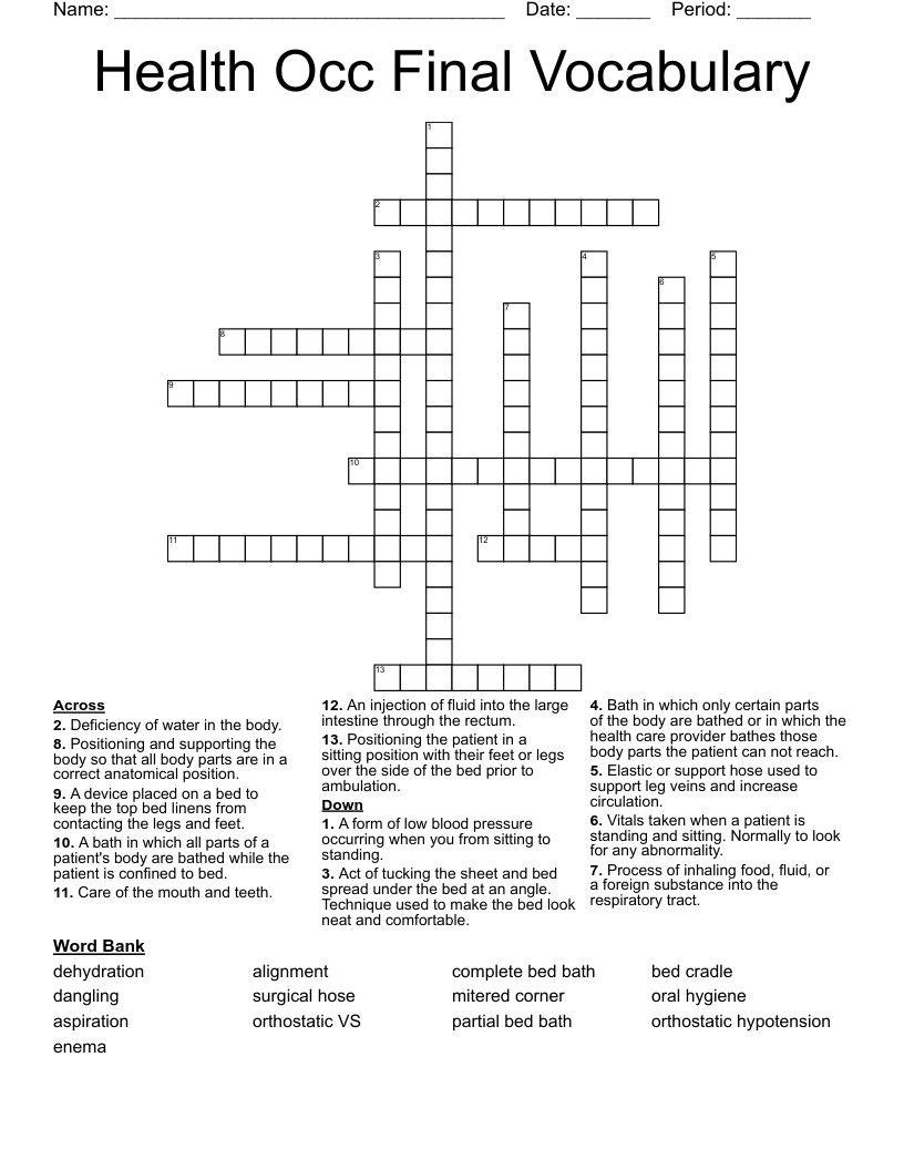 Health Occ Final Vocabulary Crossword