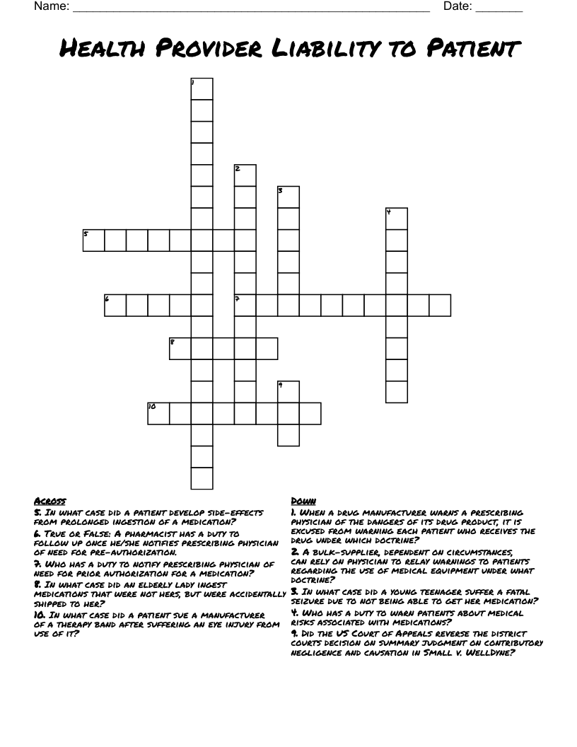 Health Provider Liability to Patient Crossword