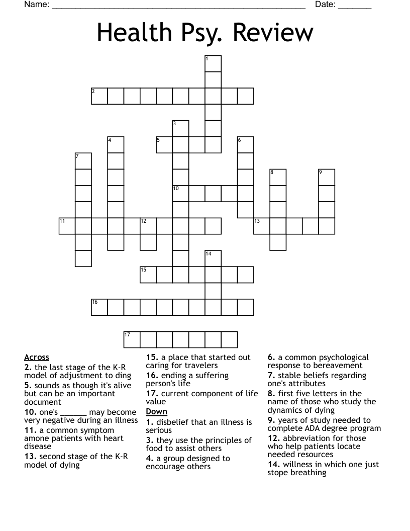 Health Psy. Review Crossword