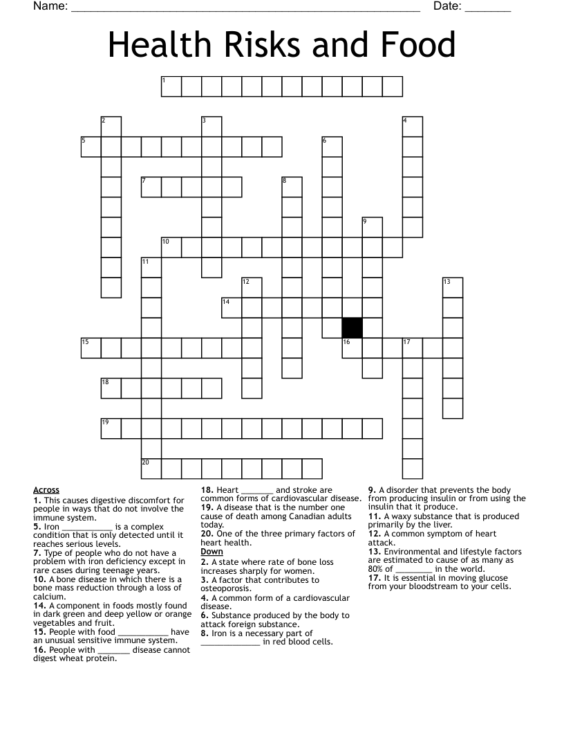 Health Risks and Food Crossword