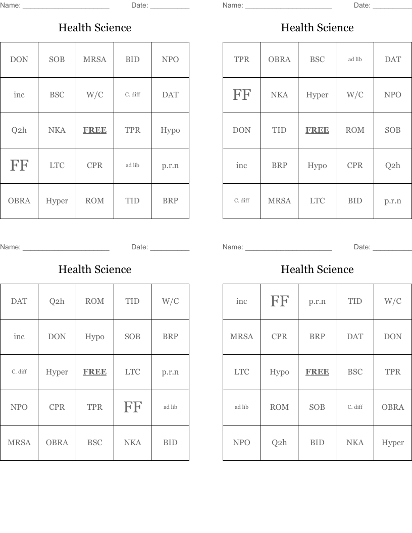 Health Science Bingo Cards