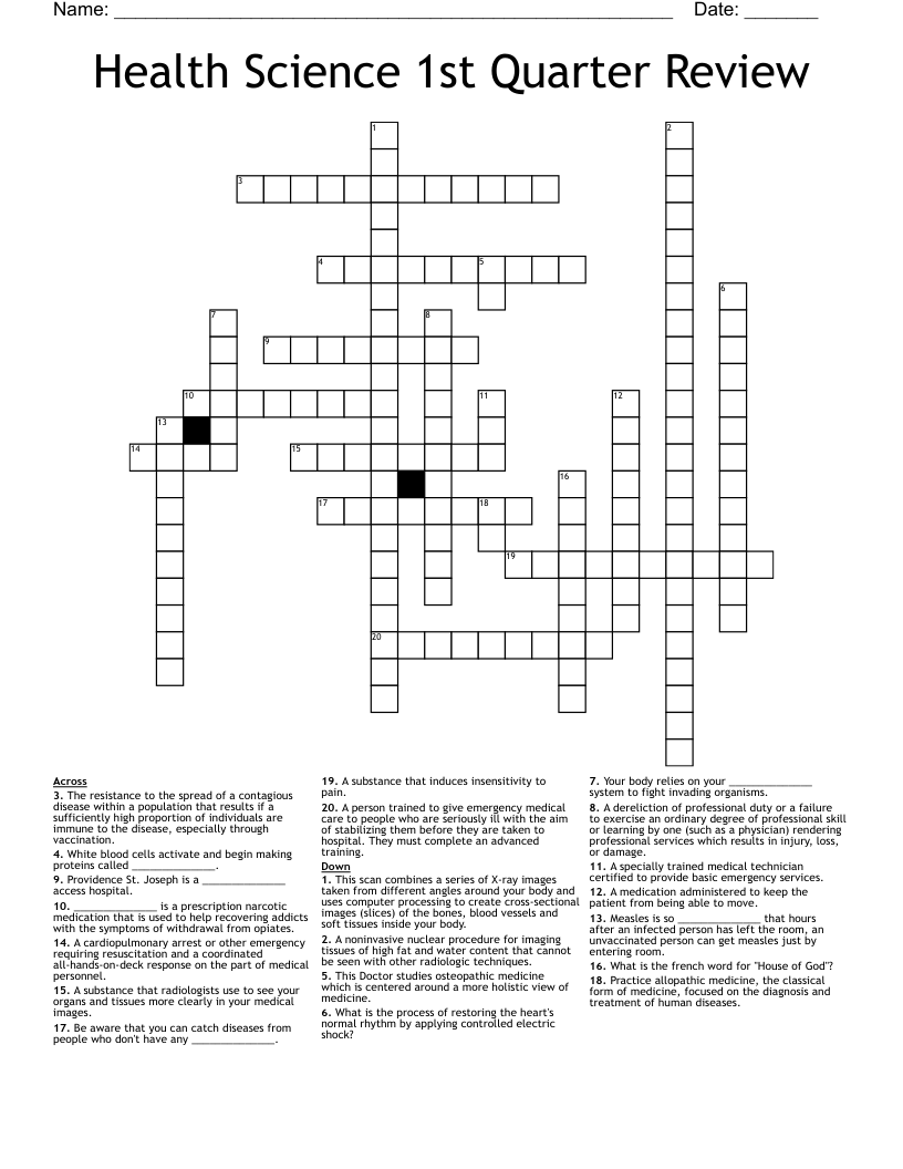 Health Science 1st Quarter Review Crossword