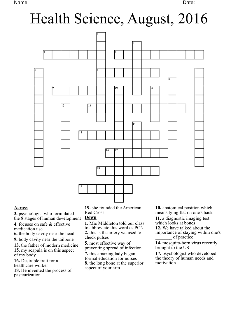 Health Science, August, 2016 Crossword