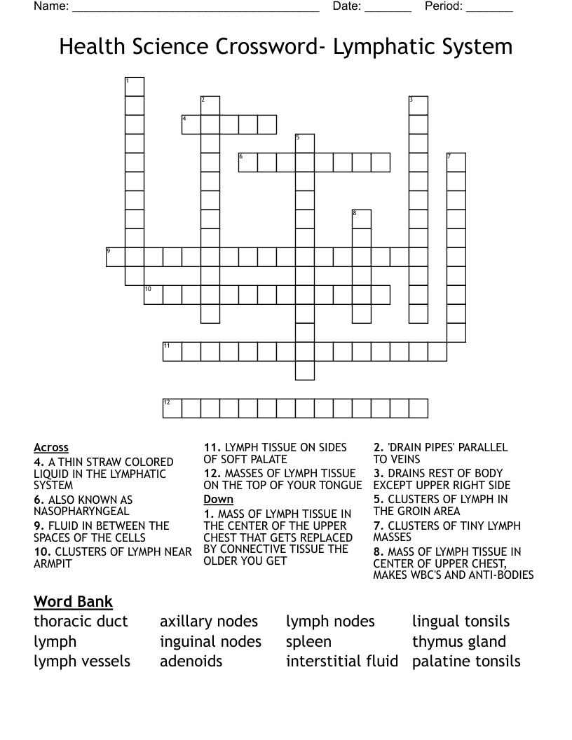 Health Science Crossword- Lymphatic System
