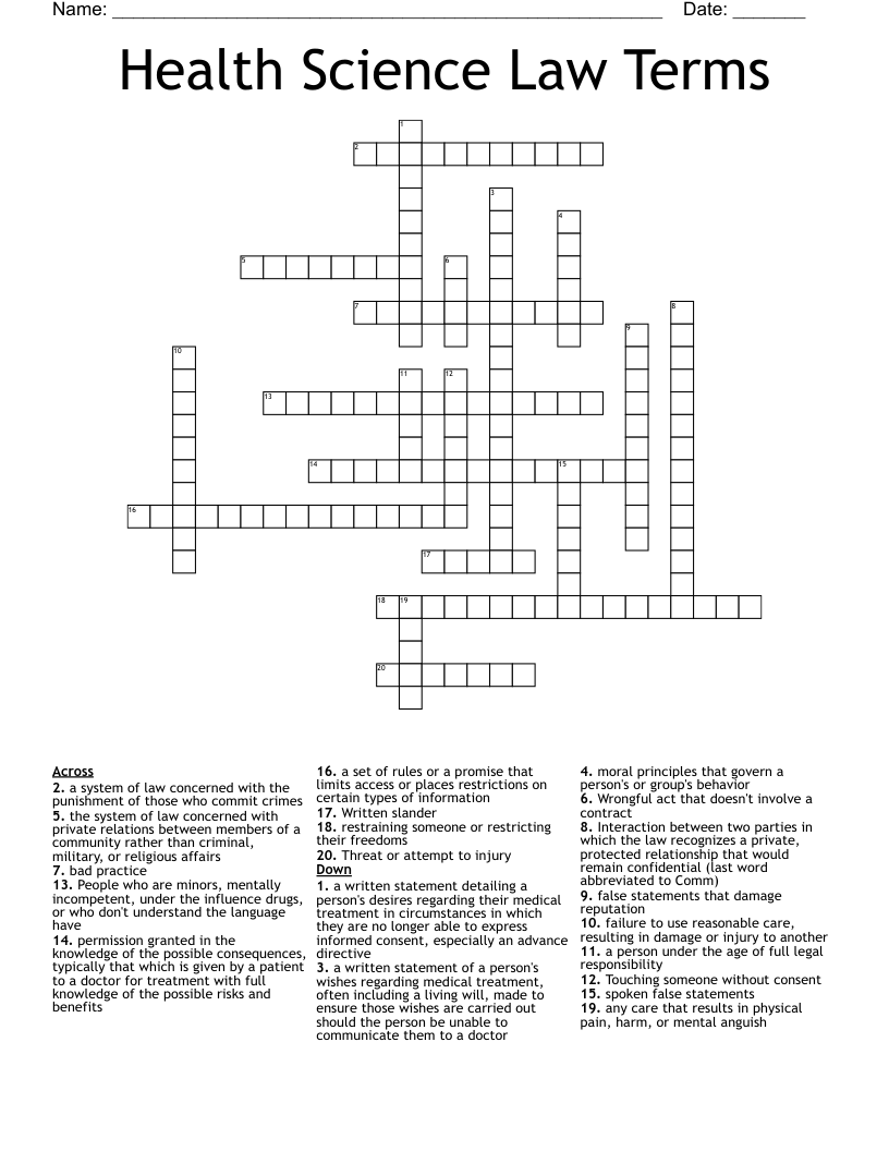 Health Science Law Terms Crossword