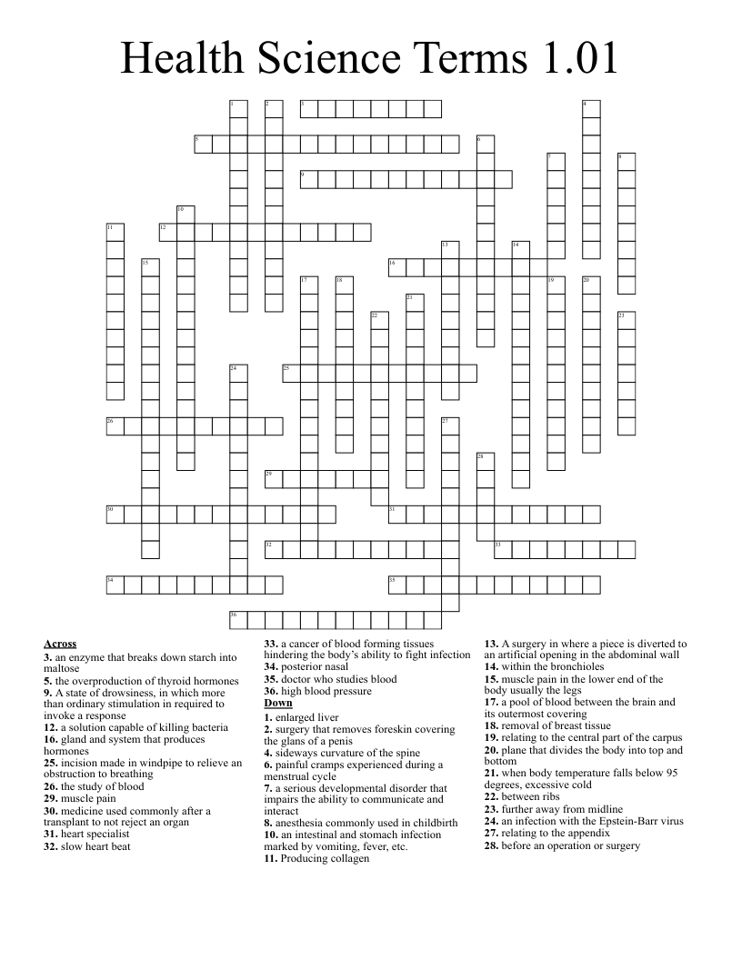 Health Science Terms 1.01 Crossword