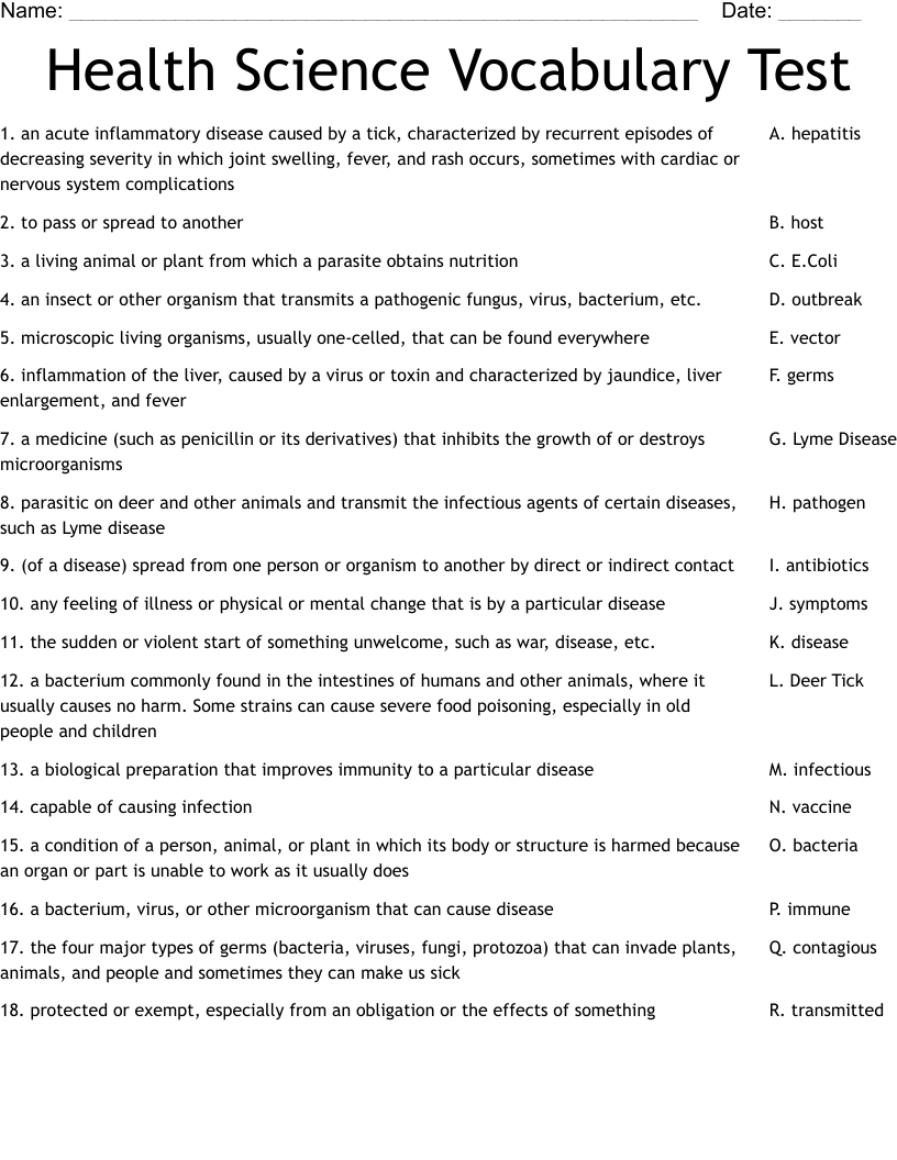 Health Science Vocabulary Test Worksheet