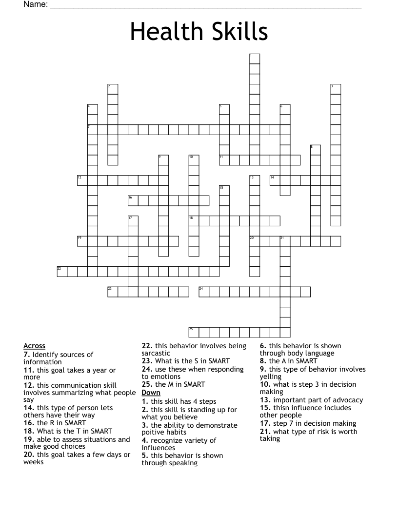 Health Skills Crossword