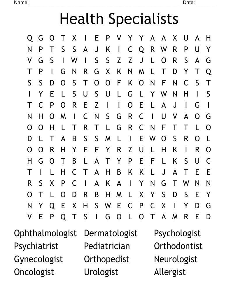 Health Specialists Word Search