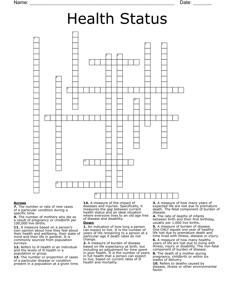 Health Status Crossword