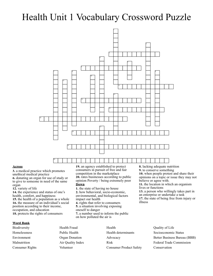 Health Unit 1 Vocabulary Crossword Puzzle