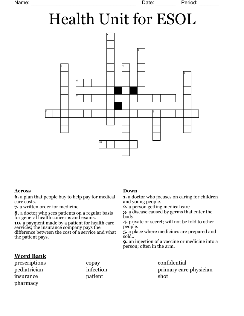 Health Unit for ESOL Crossword