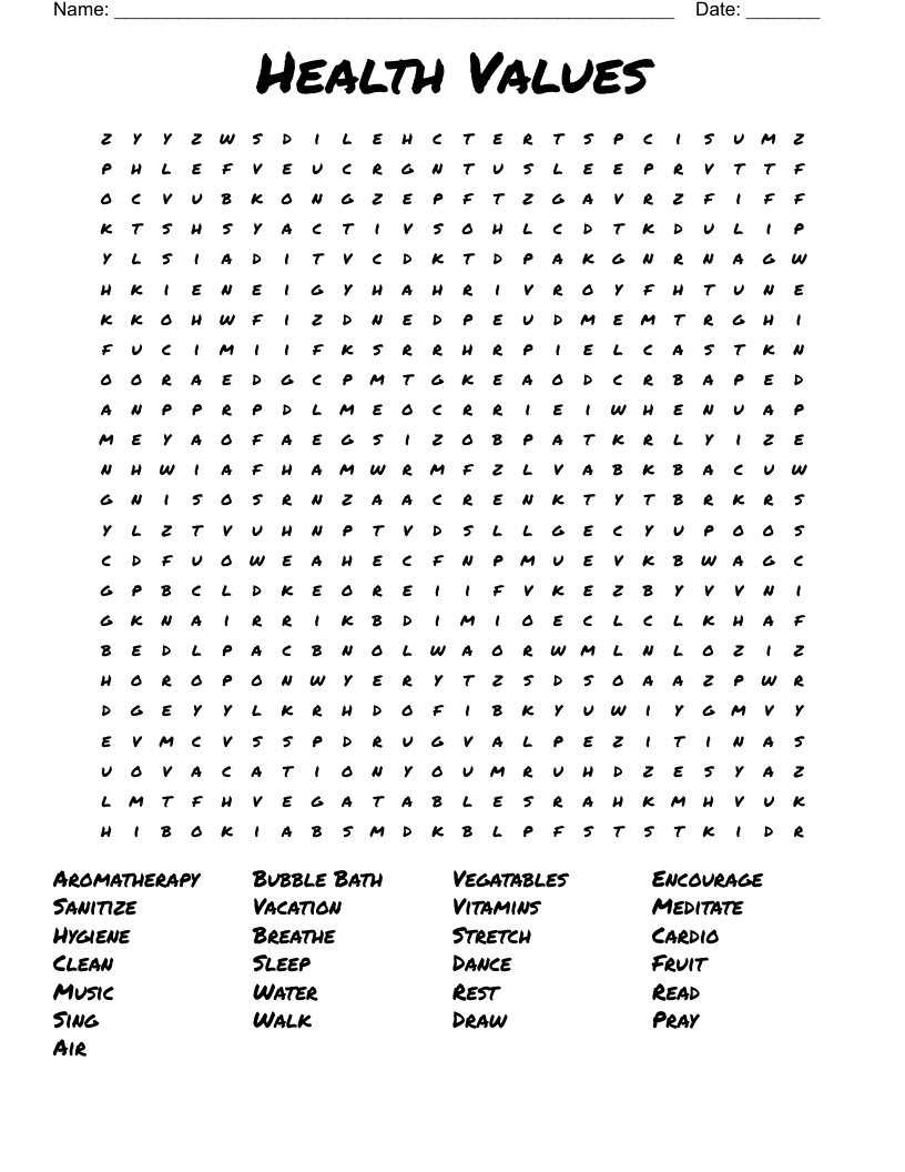 Health Values  Word Search