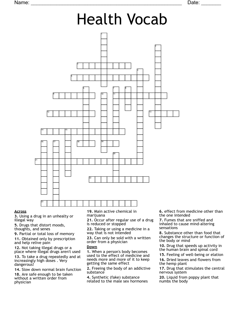 Health Vocab Crossword