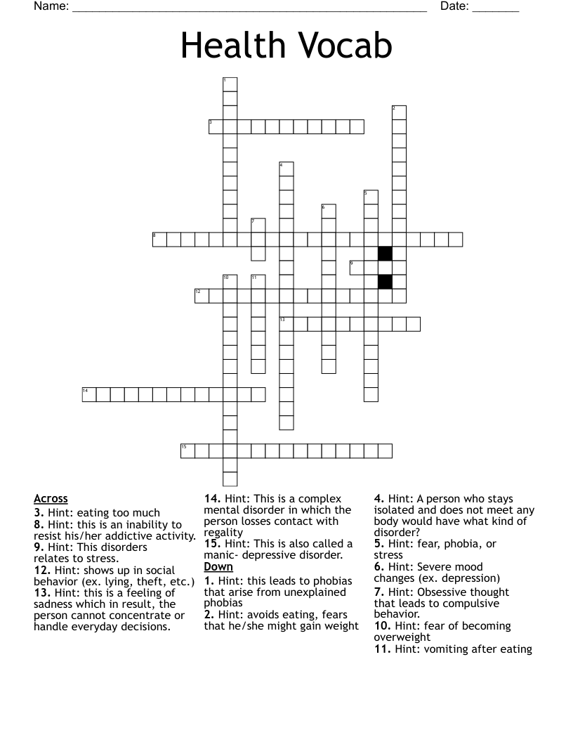 Health Vocab Crossword