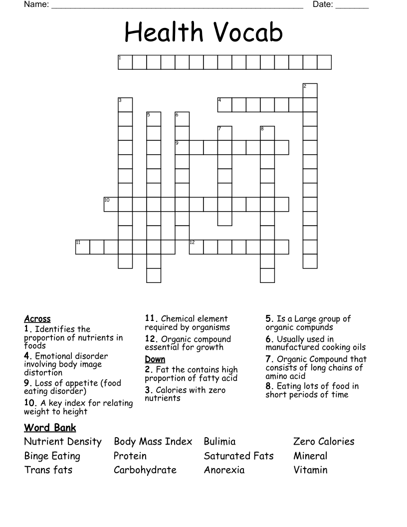 Health Vocab Crossword