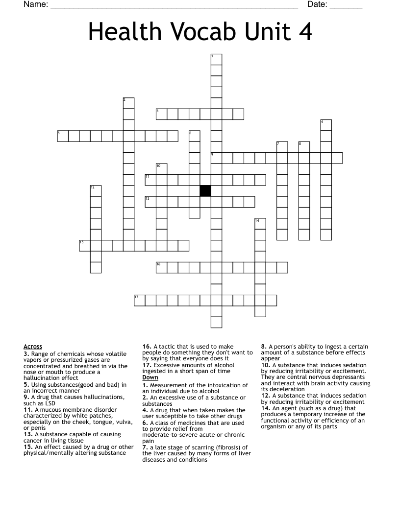 Health Vocab Unit 4 Crossword