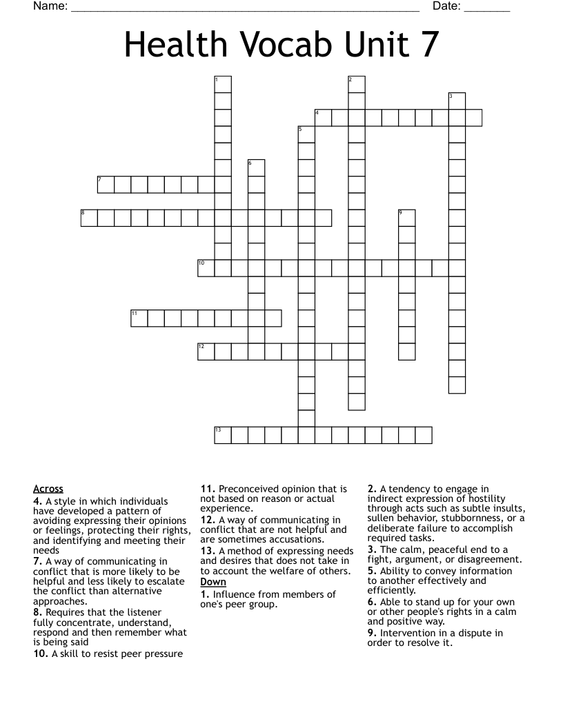 Health Vocab Unit 7  Crossword