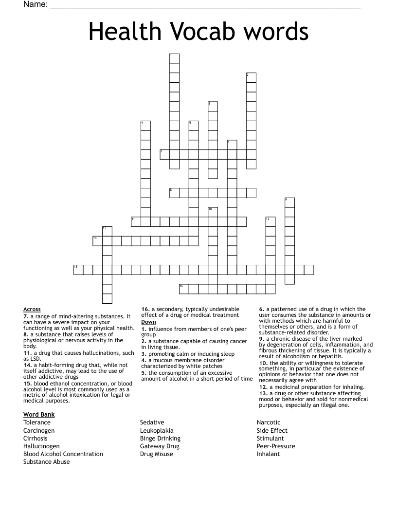 Health Vocab words Crossword