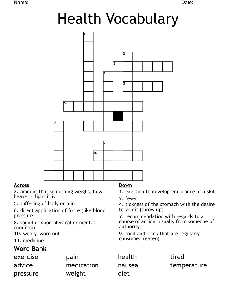 Health Vocabulary Crossword