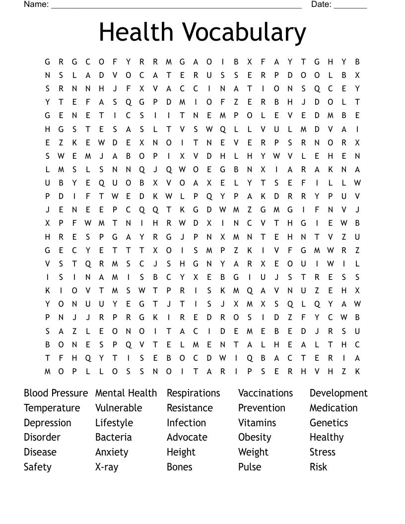 Health Vocabulary Word Search