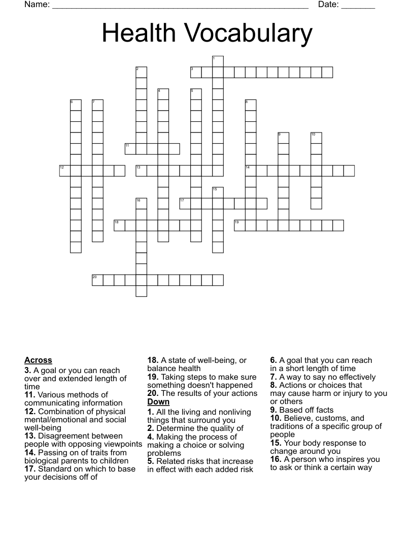 Health Vocabulary  Crossword