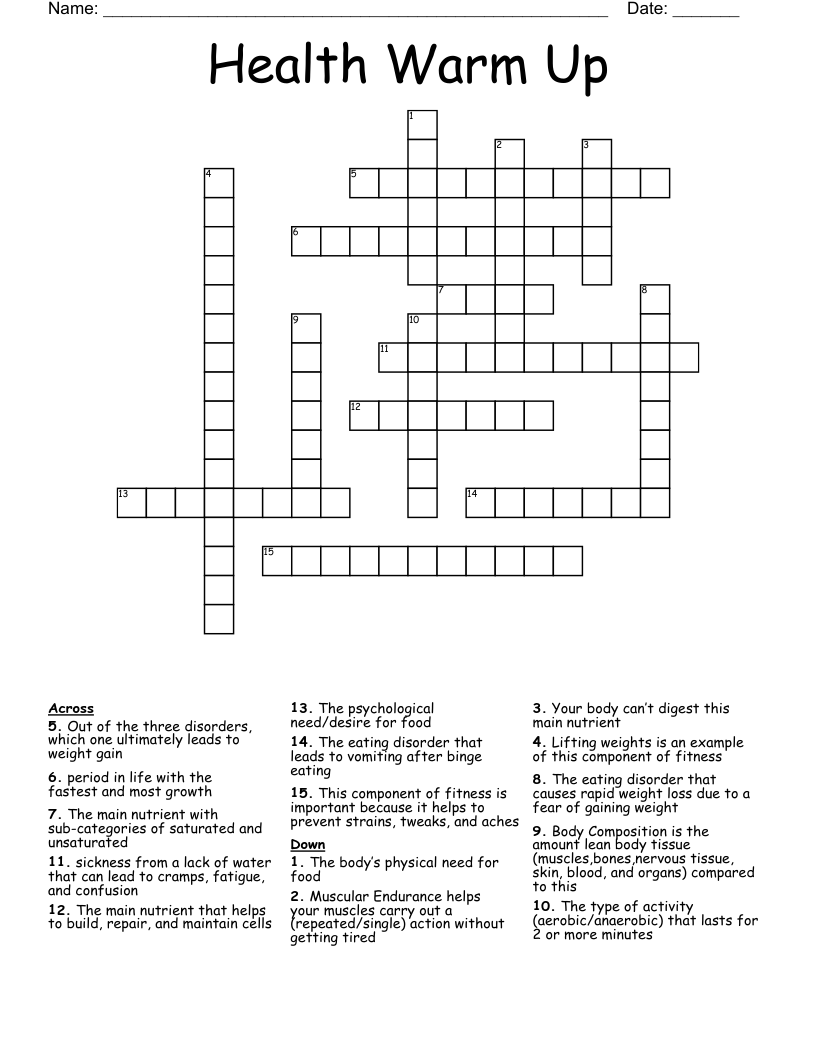 Health Warm Up Crossword