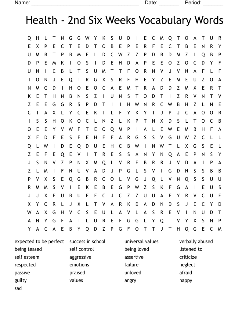 Health - 2nd Six Weeks Vocabulary Words Word Search