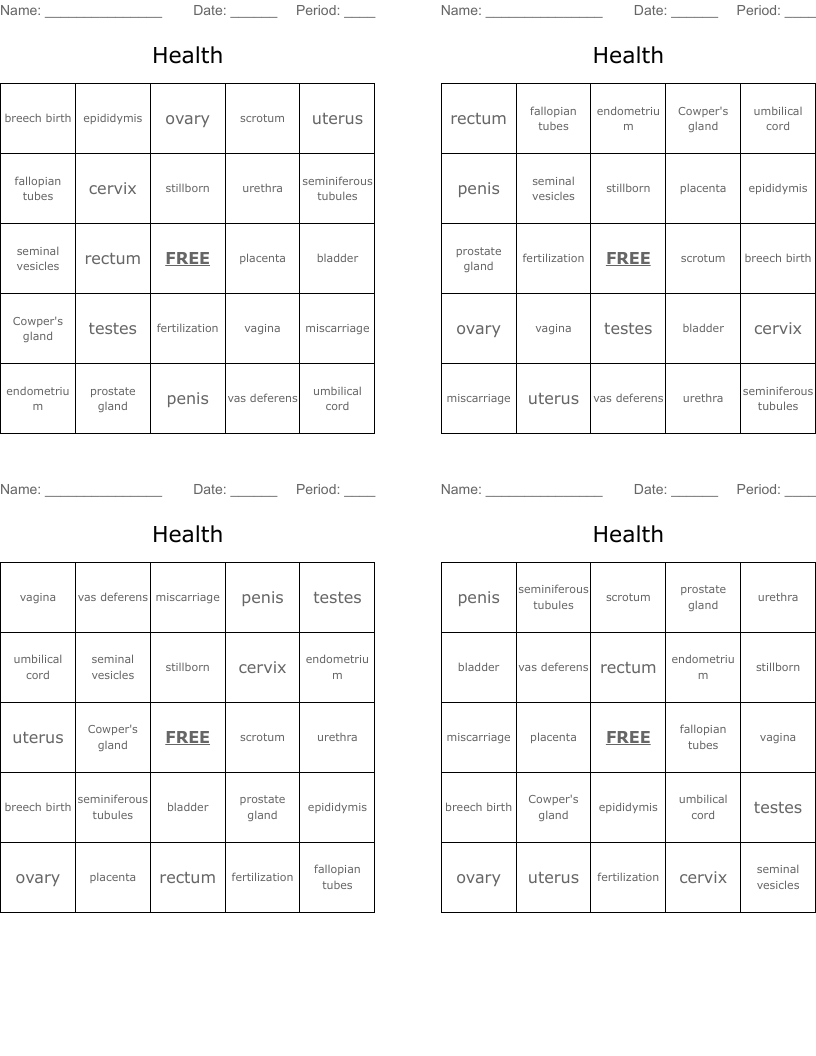 Health  Bingo Cards