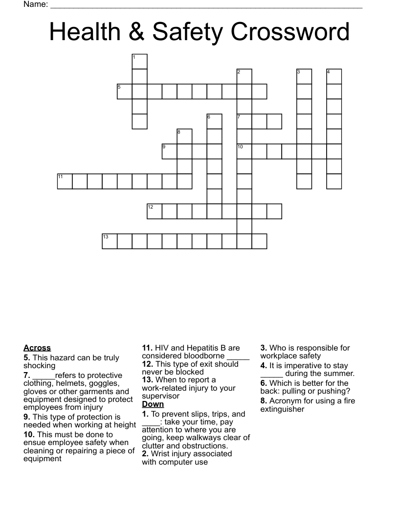 Health & Safety Crossword