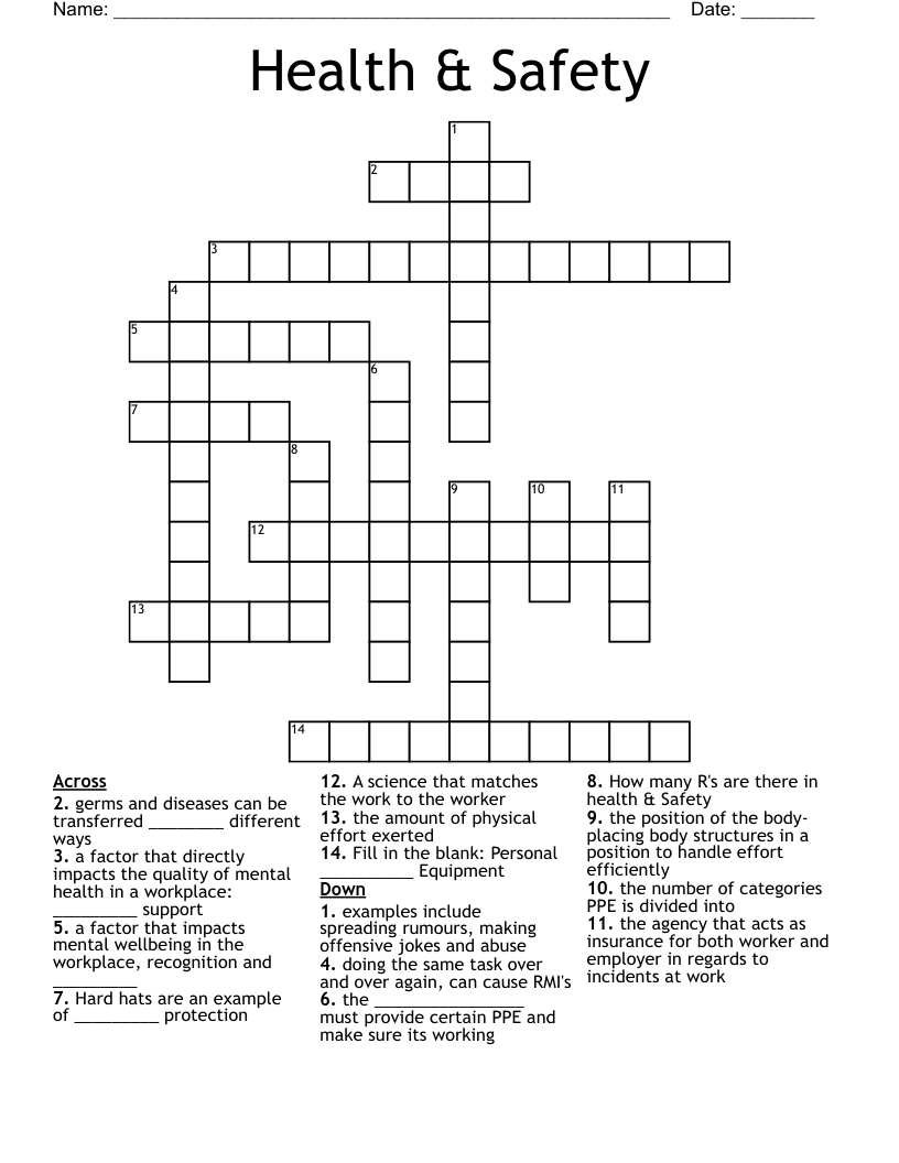Health & Safety  Crossword