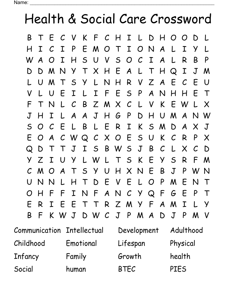 Health & Social Care Crossword Word Search