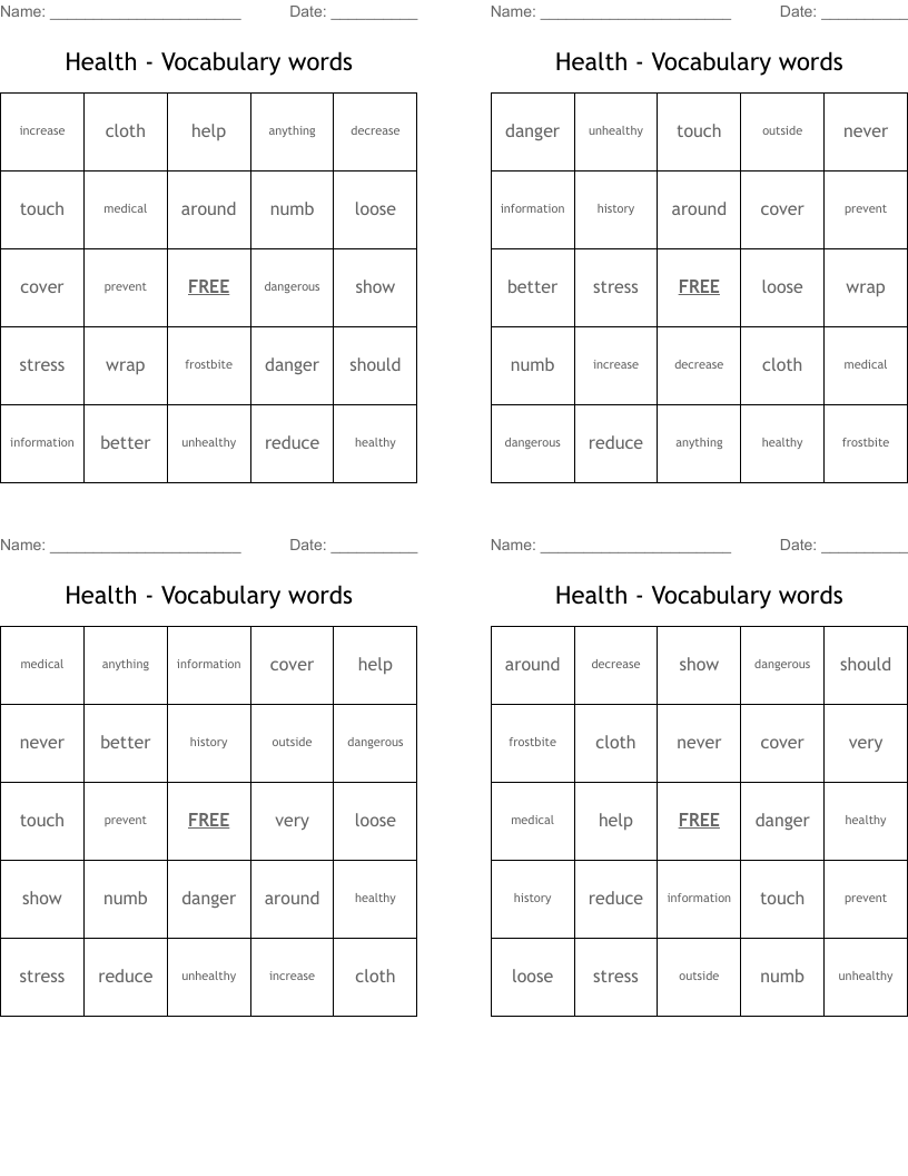 Health - Vocabulary words Bingo Cards