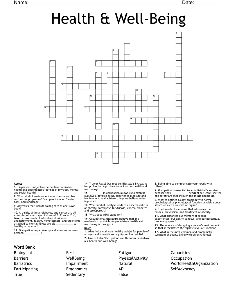 Health & Well-Being Crossword
