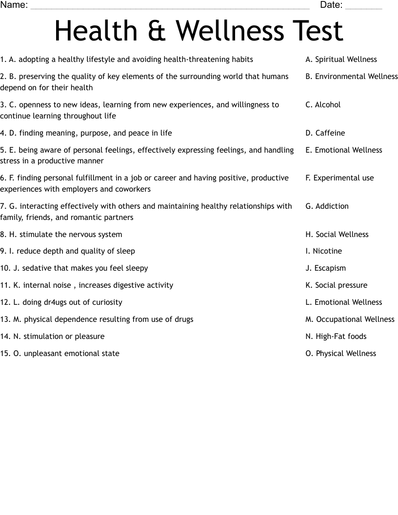 Health & Wellness Test Worksheet