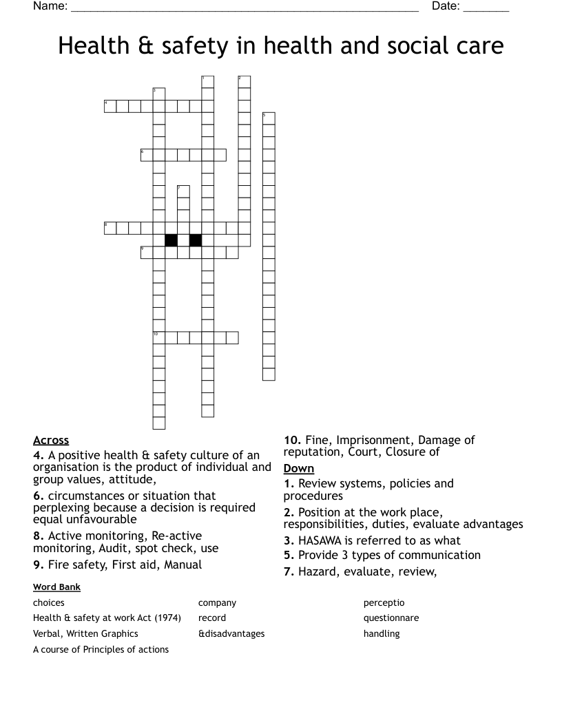 Health & safety in health and social care Crossword