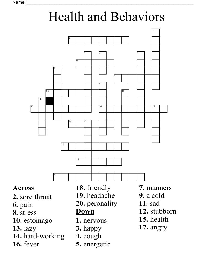 Health and Behaviors Crossword