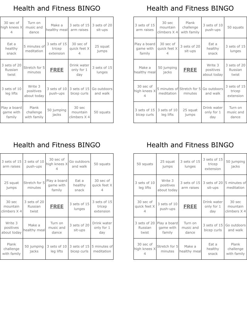 Health and Fitness BINGO