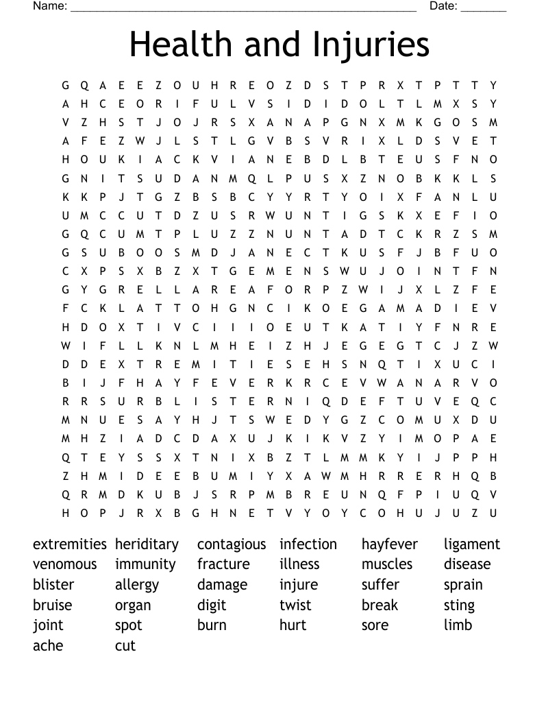 Health and Injuries Word Search