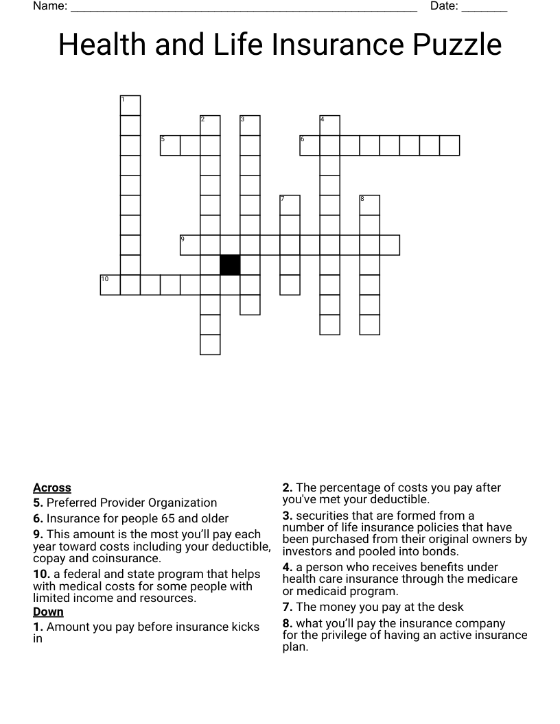 Health and Life Insurance Puzzle Crossword
