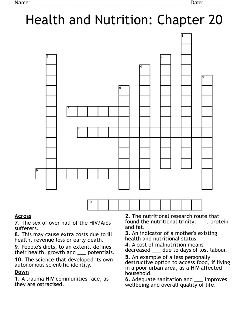 Health and Nutrition: Chapter 20 Crossword