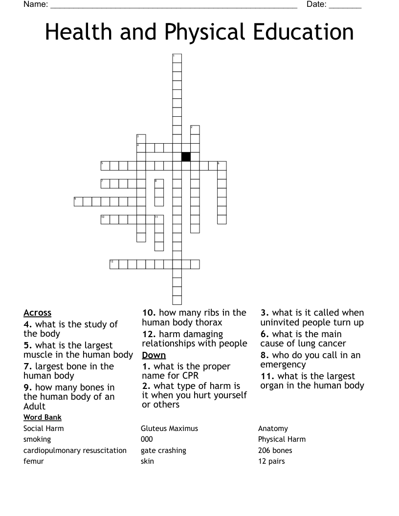 Health and Physical Education  Crossword