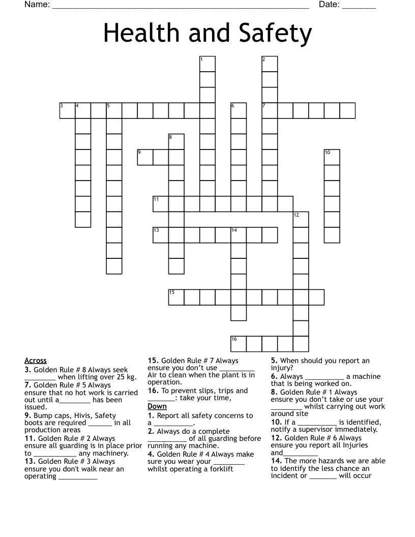 Health and Safety Crossword