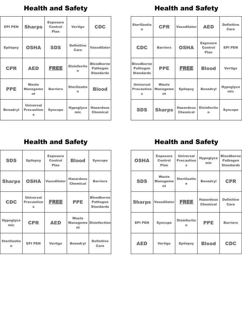Health and Safety Bingo Cards