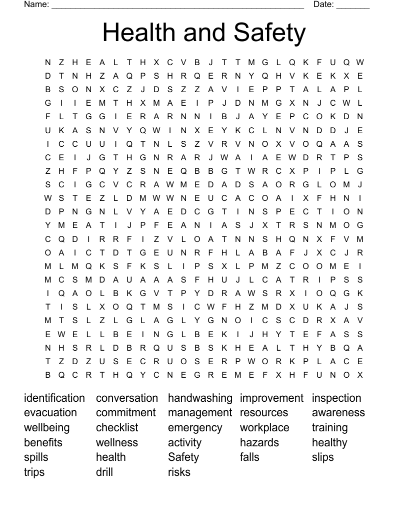Health and Safety Word Search