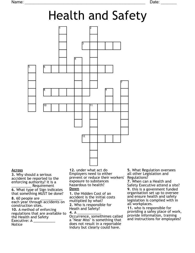 Health and Safety Crossword