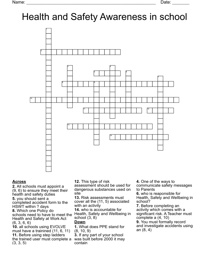 Health and Safety Awareness in school Crossword