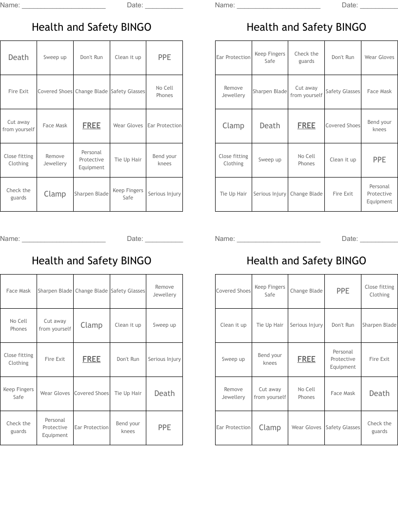 Health and Safety BINGO